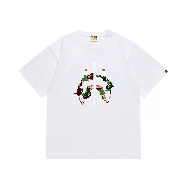 BAPE Style Camo Shark Full-Zip Motif Short-Sleeve Tee - White/Classic Green Hover Image