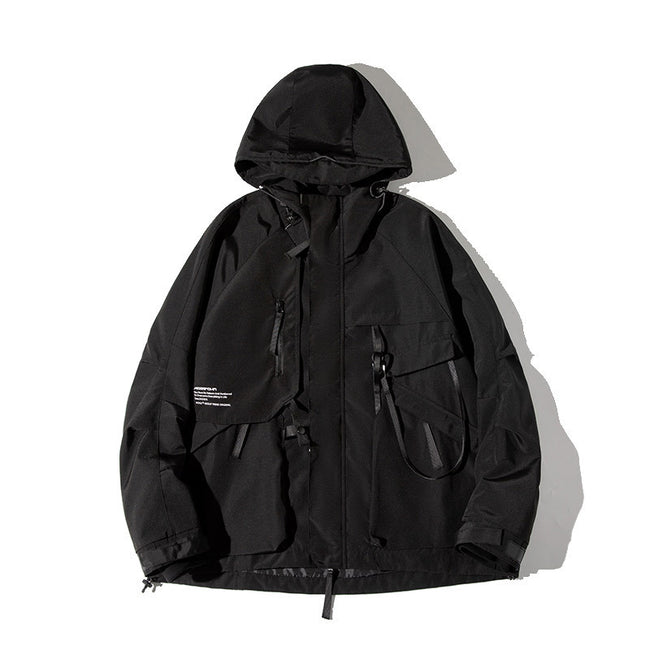 Techwear Tactical Black Hooded Windbreaker Hover Image