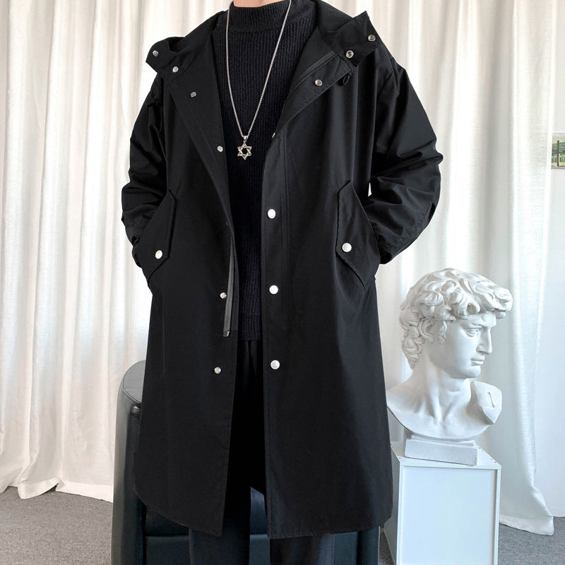 Minimalist Solid Black Longline Hooded Trench Coat