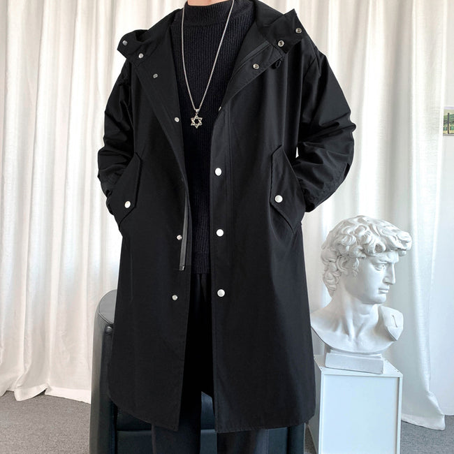 Minimalist Solid Black Longline Hooded Trench Coat Hover Image