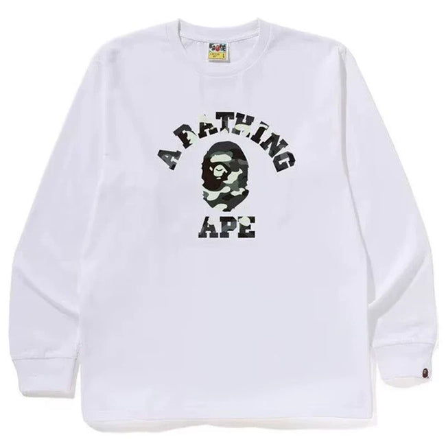 BAPE Style Arch Logo Monochrome Camo Ape Head Long-Sleeve Tee - White Hover Image