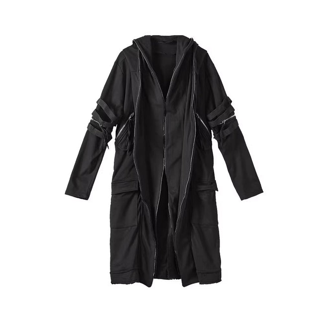 Techwear Longline Black Hooded Trench Coat Hover Image