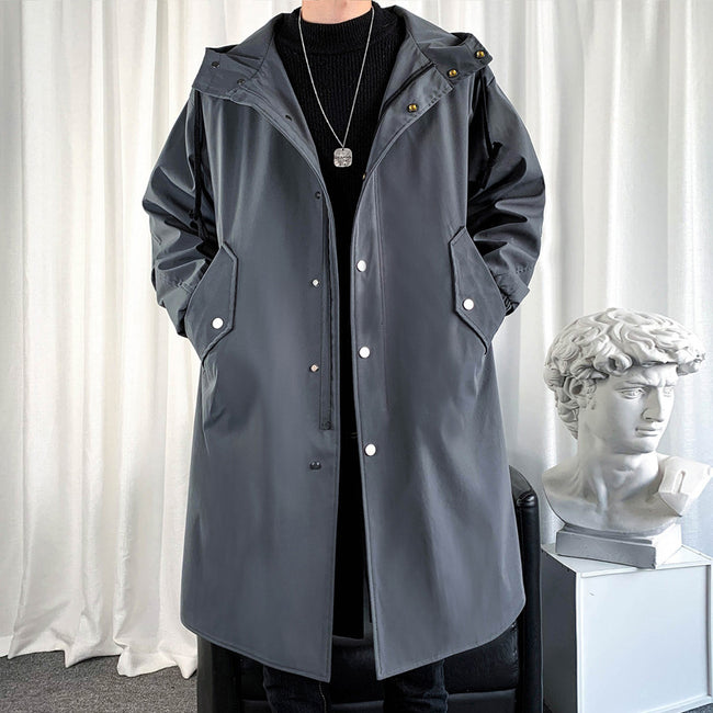 Minimalist Slate Grey Longline Hooded Trench Coat Hover Image
