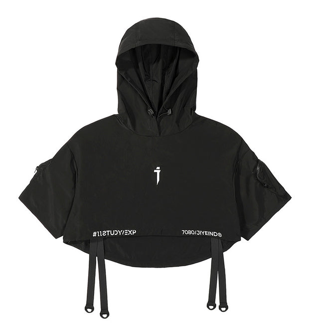 Black Short-Sleeve Cropped Techwear Hoodie Hover Image