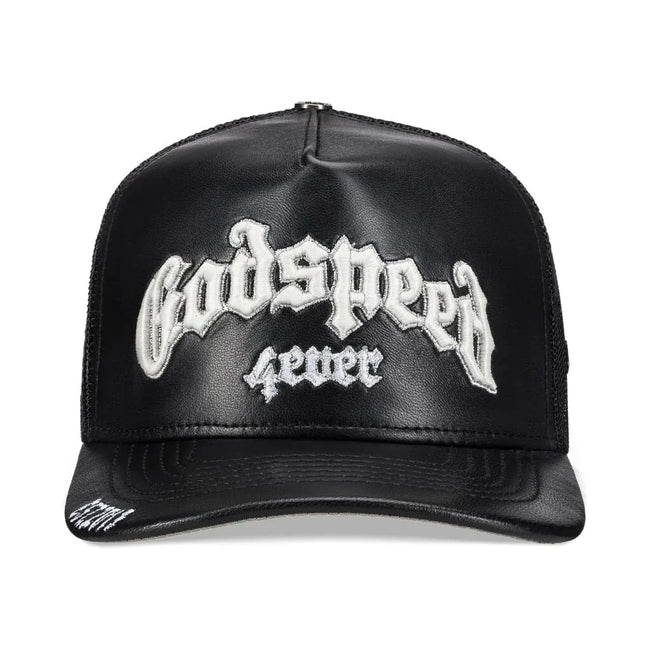 Godspeed Forever Black Leather Trucker Hat Hover Image
